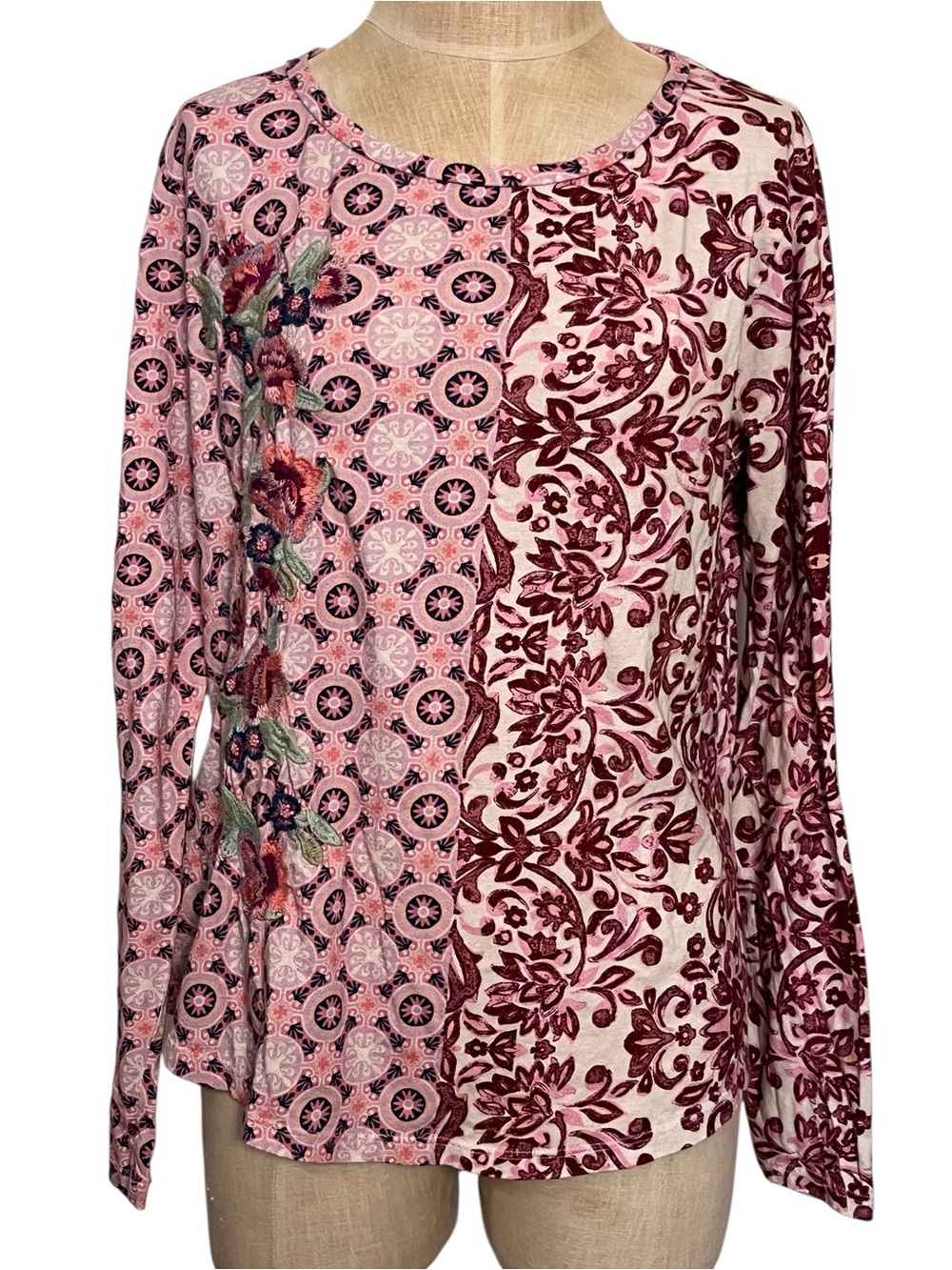 Sundance Pink Celebration Floral Embroidered Long Sleeve Tee XL Boho